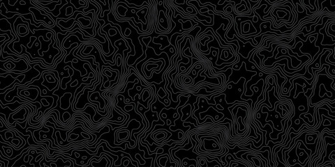 Dark topographic map contour lines pattern black background abstract texture. © RABAKA