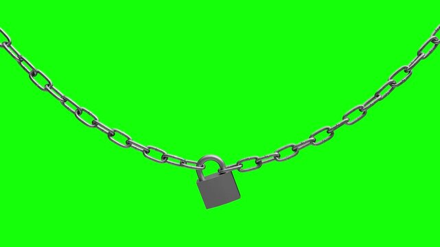 A padlock swings on a metal chain. A metal chain of a security lock, protection, metal lock, close-up, locking chain symbolizing safety and security.