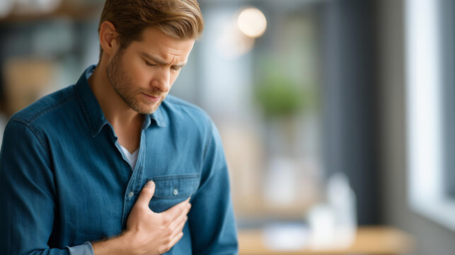 Man experiencing stomach pain with a concerned look on his face for a clear and direct health and wellness concept. Defocused background. Man stomach concerned, direct health,