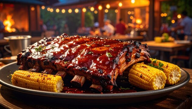 A succulent rack of slow cooked barbecue pork ribs glazed in a rich smoky sauce served with fresh corn on the cob at an inviting outdoor restaurant setting under glowing string lights.
