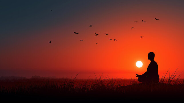 International yoga day illustration of a faceless yogi silhouette meditating at sunset with birds representing serenity and spiritual practice. Sunset yogi silhouette, yoga day,