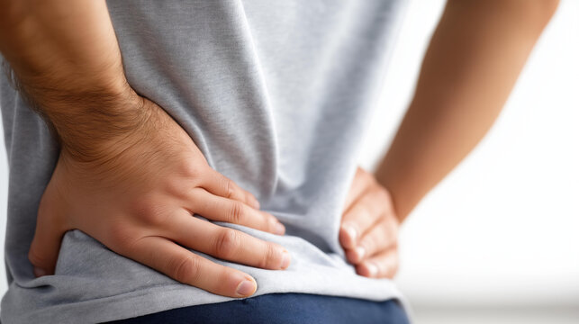 Man clutching his lower back in pain conveying a sense of discomfort and distress set against a plain white background for a back pain health concept. Lower back pain, white