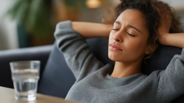 Woman in apparent discomfort possibly experiencing stomach pain or a headache lying on a couch with her hands on her head near a glass of water. Defocused background. Woman couch