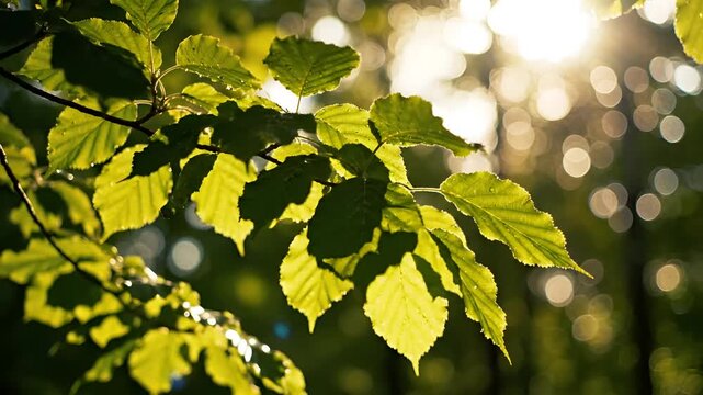 Sunlight filtering through vibrant green leaves on a tree branch 1.