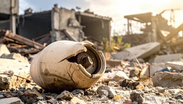 A shattered ceramic insulator from electrical infrastructure lying abandoned amongst harsh debris and building ruins in the aftermath of a destructive event at a remote site under warm sunlight.