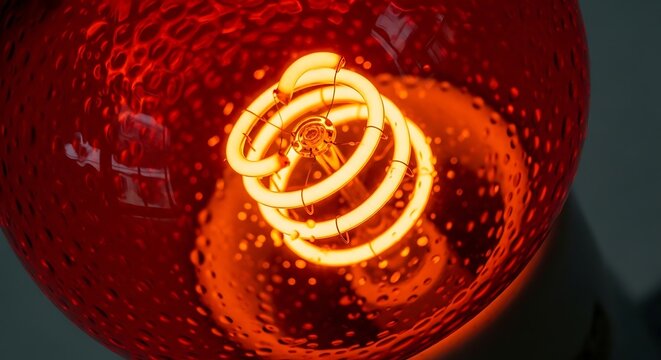 Close up glowing red vintage incandescent filament light bulb detail