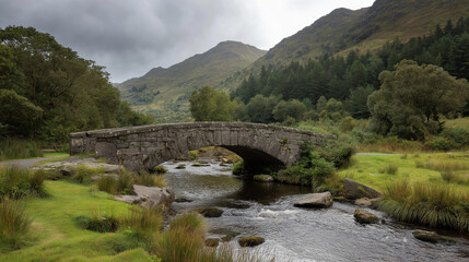 Fototapeta premium Stone bridge over a bubbling stream in a lush Irish valley, romantic rural heritage concept, landscape photography, with copy space