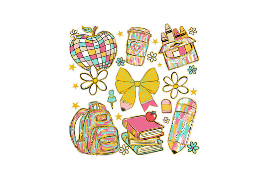 School Supplies Apple and Book Illustration Sublimation Design
