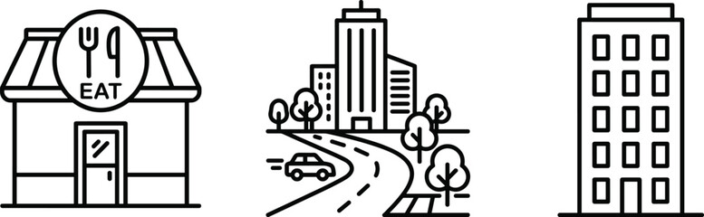 Modern urban cityscape with a restaurant, high-rise buildings, and street scene flat design vector illustration © jannat Stock