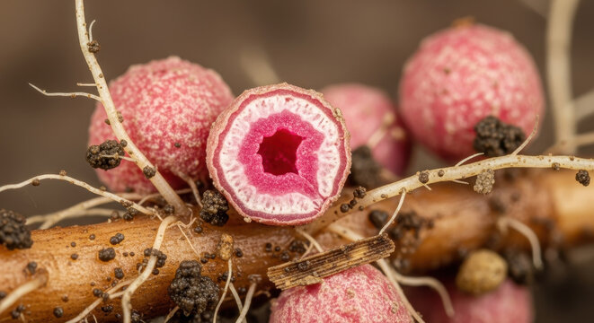 Legume root nodule macro close-up showing pink interior and soil texture for agricultural biology research and farming nutrient fixation