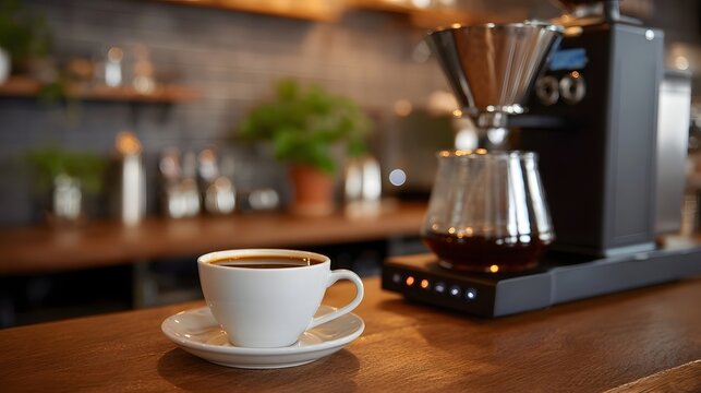 A fresh cup of coffee rests on a wooden counter next to an ope nal drip coffee brewing hine in a cozy interior setting