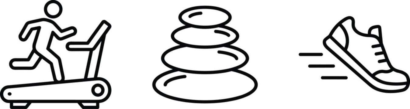 set of three minimalist fitness and relaxation icons featuring a runner on treadmill, stacked stones, and sneaker vector illustration