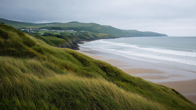 Panoramic view of Garrettstown beach in County Cork on a cloudy day, Irish coastal landscape concept, travel photography, with copy space