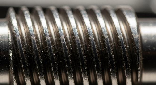 Thread with screw threads and ridged metal surface close-up featuring macro, industrial, manufacturing with engineering and mechanical elements for