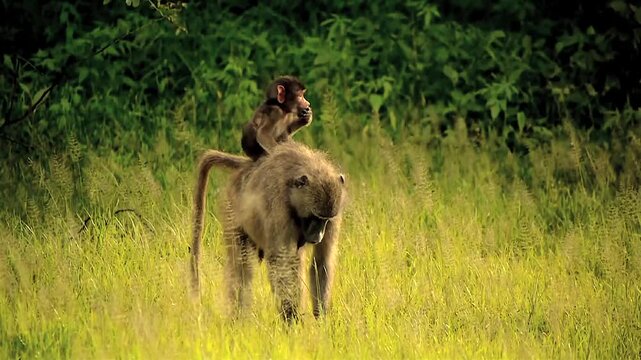 chacma, Papio ursinus, with offspring on mothers back 5 
