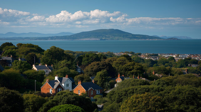 Dalkey village houses seen from a hilltop with the Howth peninsula on the horizon on a sunny Dublin summer day, Irish travel photography concept, with copy space