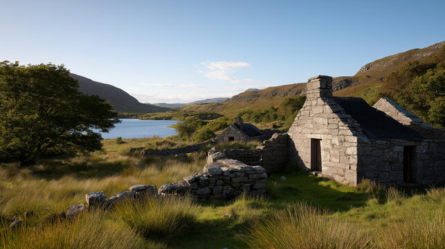 Ruins of a famine village in Glenveagh National Park Donegal, Irish Great Famine historical heritage concept, poignant landscape photography, with copy space