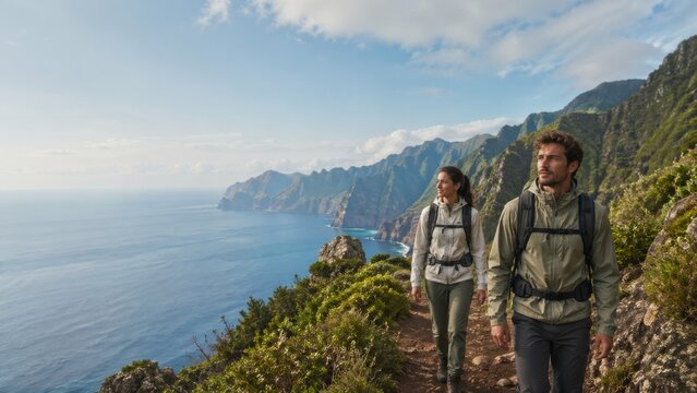 Couple Hiking on a Dramatic Madeira Coastal Trail Above the Atlantic Ocean