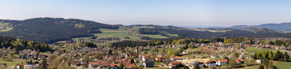 Fototapeta premium Wide panorama of villages around Neuschönau Bavarian Forest rural landscape Germany, Lower Bavaria