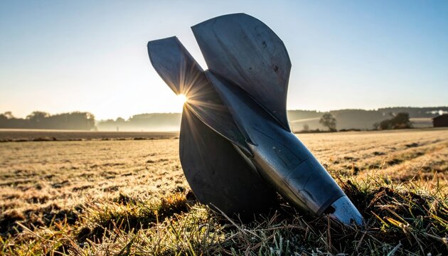 A jagged piece of military shrapnel with an aerodynamic form rests in a field of dry morning grass, illuminated by the low golden sunlight of a new day.