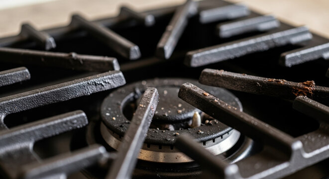 Gas stove grate close-up with metallic burner rings, textured cast iron bars and scattered soot particles on cooking surface