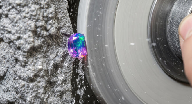 Wheel lapidary grinding with opal gemstone and water splash on gray stone surface featuring jewelry making, gem polishing, faceted gem with