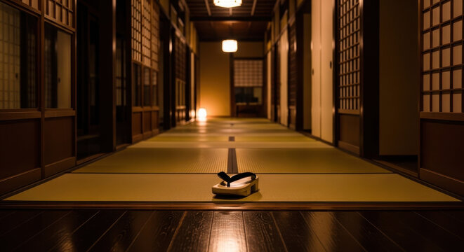 Ryokan hallway with traditional Japanese footwear at night featuring nighttime, wooden floor, tatami with sliding doors and lantern elements for