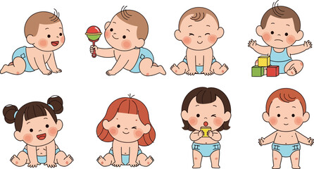 Fototapeta premium Happy toddlers playing with toys and snacks Vector