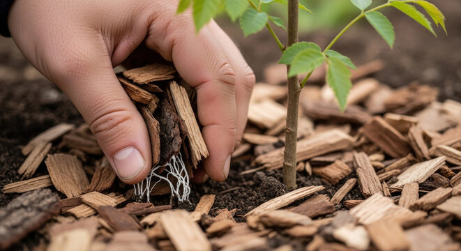 Hand placing ramie mulch around a young plant in soil with wood chips featuring gardening, planting, mulching with organic gardening and garden