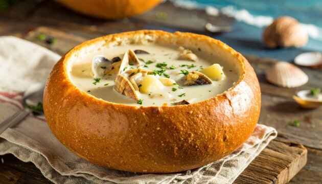 A steaming hot bowl of creamy New England clam chowder served in a fresh crusty sourdough bread bowl on a wooden table, capturing the essence of traditional coastal comfort food cooking.