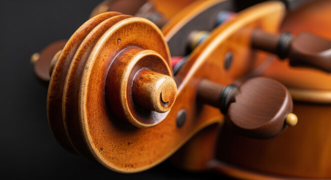 Violin scroll close-up with polished wooden curls and warm tone, blurred strings and tuning pegs in background