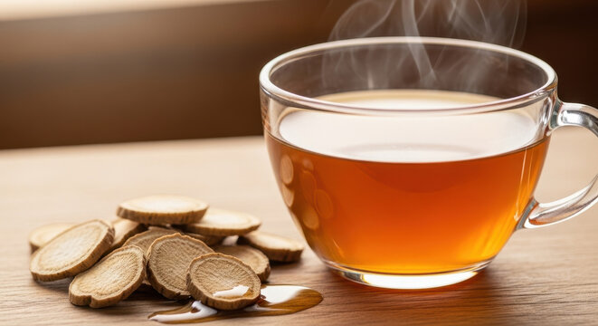 Cup of burdock root tea with steam rising and slices of burdock root on a wooden table featuring natural remedy, health drink, warm beverage with