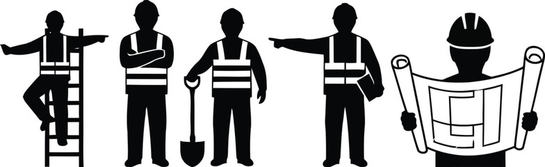 Fototapeta premium Construction workers vector illustration safety vests tools blueprint designs