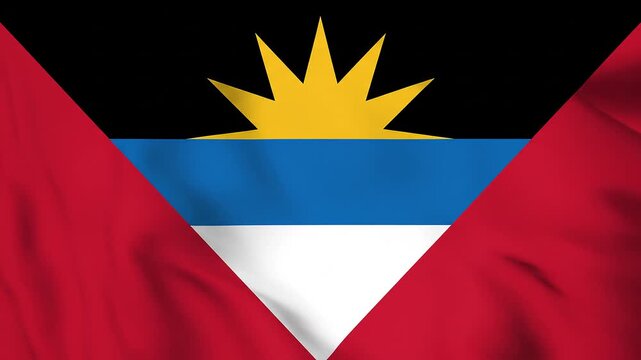 Antigua and Barbuda flag with bold red triangles, black heritage stripe, blue hope band, white sand stripe, and radiant golden rising sun symbolizing unity, renewal, and identity.