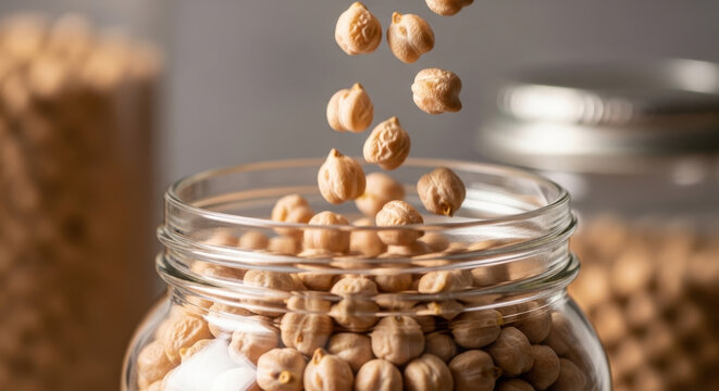 Chickpeas falling into a glass jar with a close-up view of the texture and details featuring legumes, healthy food, organic with natural and macro
