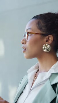 Thinking, reading and business woman in office, message reflection and planning work schedule. Email review, project feedback and employee with idea for improvement, serious and proposal perspective
