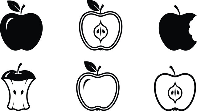 Apple vector icons whole halved and bitten fruit illustrations for design