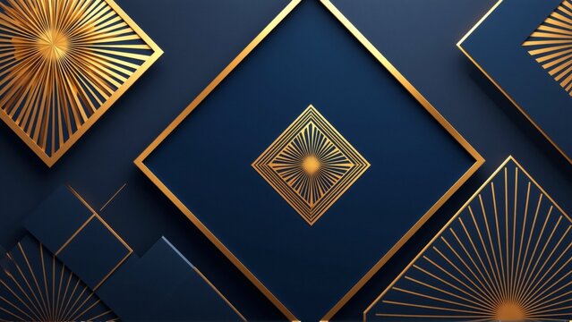 abstract background dark blue color has repeating pattern gold geometric shapes arranged diamond shape shapes arranged two rows three columns largest diamond center smaller ones either side gold