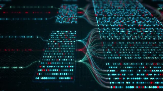 Cyan data blocks linked by light threads. Machine learning features, model training and inference