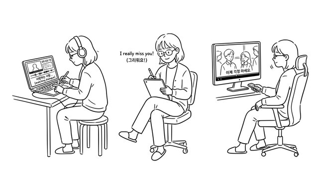 Young character studying and taking notes while using a computer