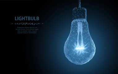 Lightbulb. Polygonal mesh art with crumbled edge on blue night sky with dots, stars and looks like constellation. Idea, electricity, innovation or other concept illustration or background © NeonGridStudio