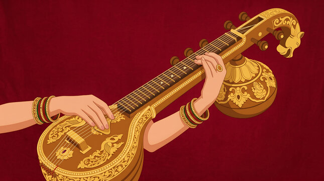 A stylized veena held by embellished hands on a rich red background