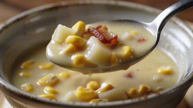 Creamy corn chowder scooped on a spoon, featuring bright yellow corn kernels, potato cubes, and crispy bacon in a thick, glossy pale soup with steam rising above a rustic bowl.