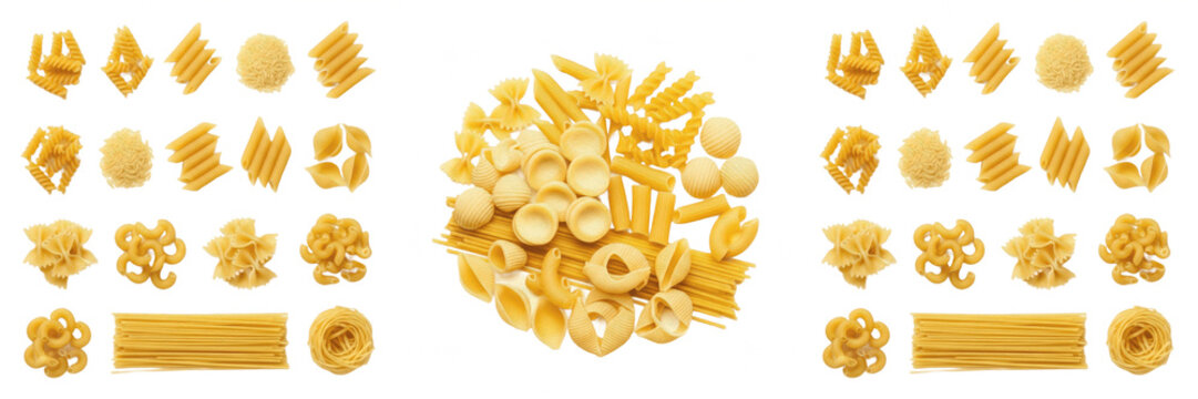 Dry Yellow Macaroni Pasta Noodles Heap Isolated PNG, Italian Food Ingredient for Kitchen Cooking and Restaurant Menu Design.