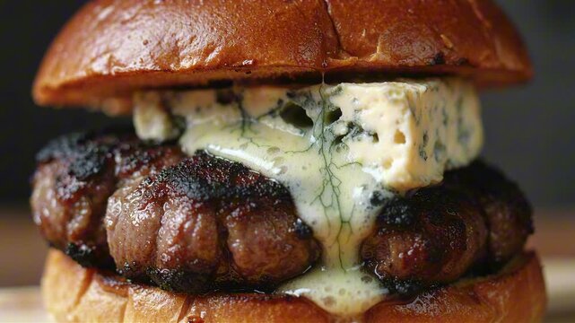 Blue cheese burger with a charred juicy beef patty and a melting wedge of blue cheese. Sharp detail of blue veins softening on a toasted bun. Mouthwatering macro fast food shot.