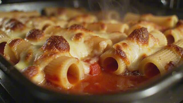 Baked ziti pasta with melted golden brown cheese blister crust over thick tubes. Glossy red tomato sauce bubbles underneath with hot steam rising. Delicious macro food shot.