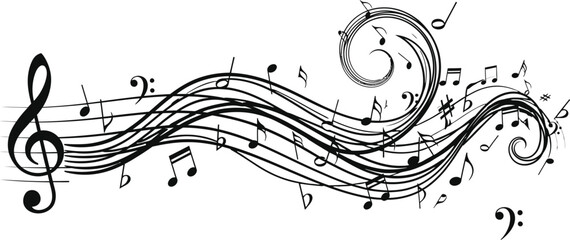 Fototapeta premium Elegant musical swirl a black and white illustration of notes and clef