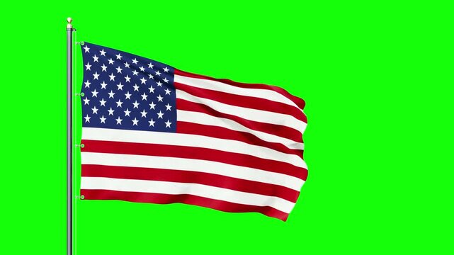 An American flag attached to a flagpole and fluttering in the wind in slow motion against a green background with a mask. Animation of the United States flag for film, news, and motion graphics.