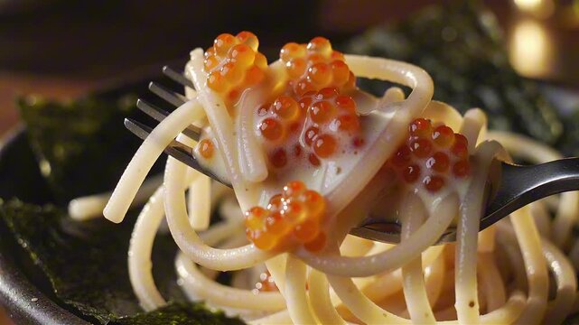 Mentaiko pasta on a fork close up, spaghetti strands in pale pink creamy sauce with tiny roe clusters and blurred nori strips in warm lighting.