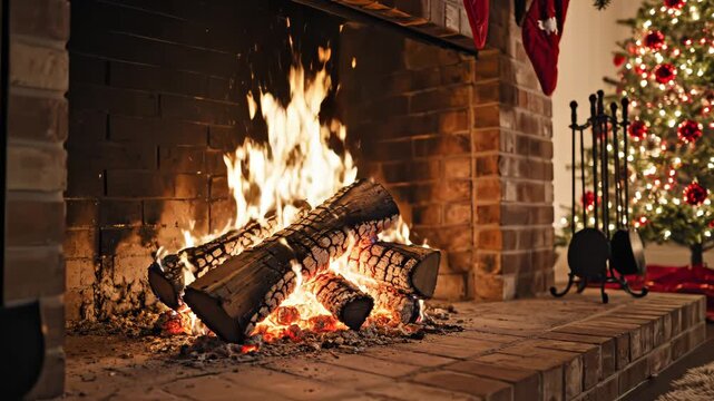 Brick fireplace with burning logs and Christmas tree highlighting environmental conservation and serenity